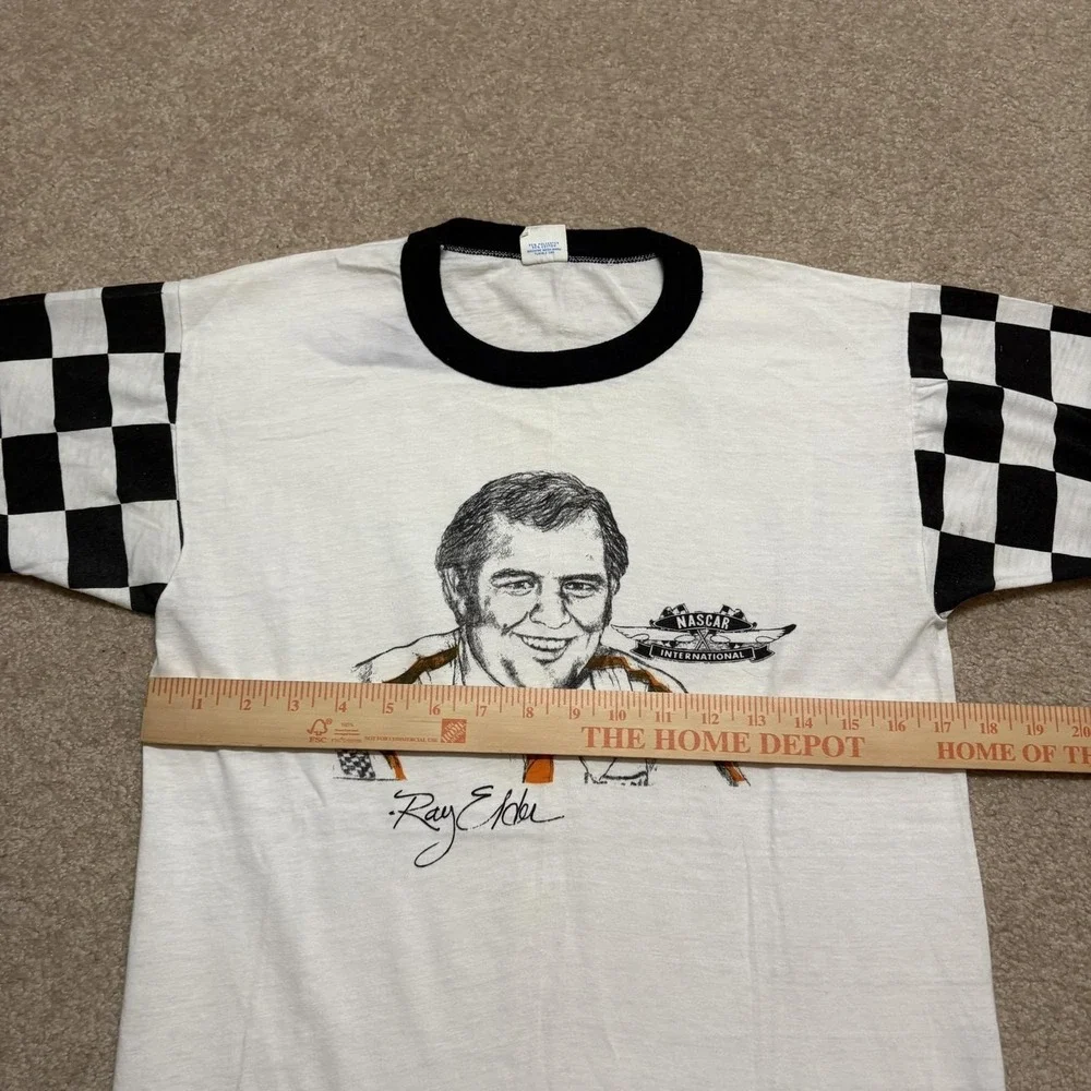 Vtg 70s NASCAR Shirt Ray Elder‎ XL 18-20 Fits Small White Sears Checkered Sleeve